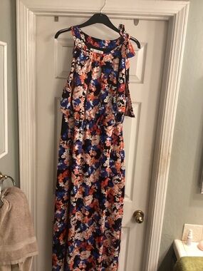 Floral One-Shoulder Maxi Dress in Blue, Coral & White side slit and pockets